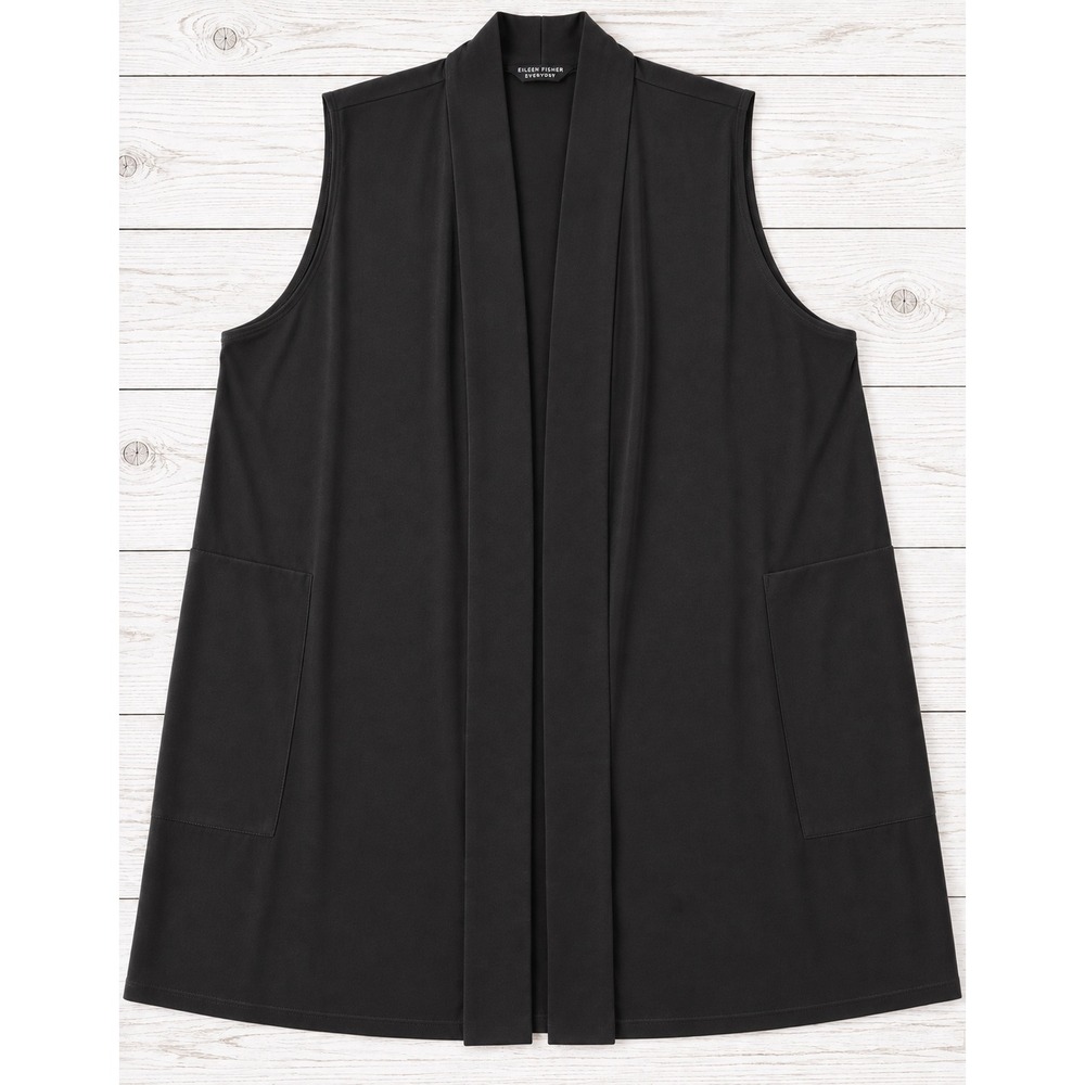 Susan Graver Every Day Vest Open Front Longline Black Minimalist XL A310086